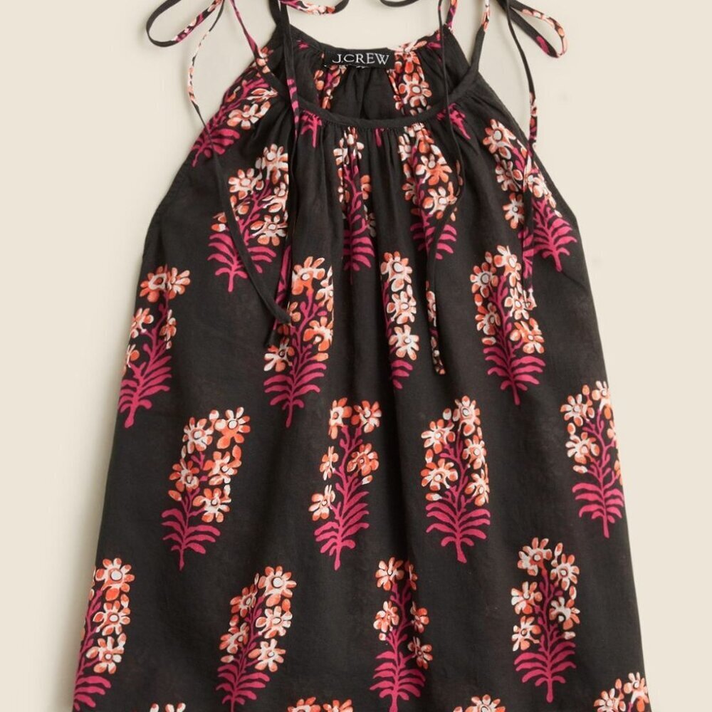J.Crew Tie-Shoulder Tank Top in Cocoa Block-Print Cotton Voile – Black Floral - Picture 4 of 4